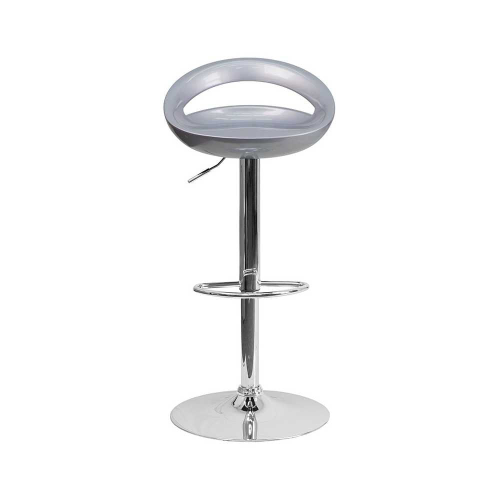 Contemporary Silver Plastic Adjustable Height Barstool with Rounded Cutout Back and Chrome Base