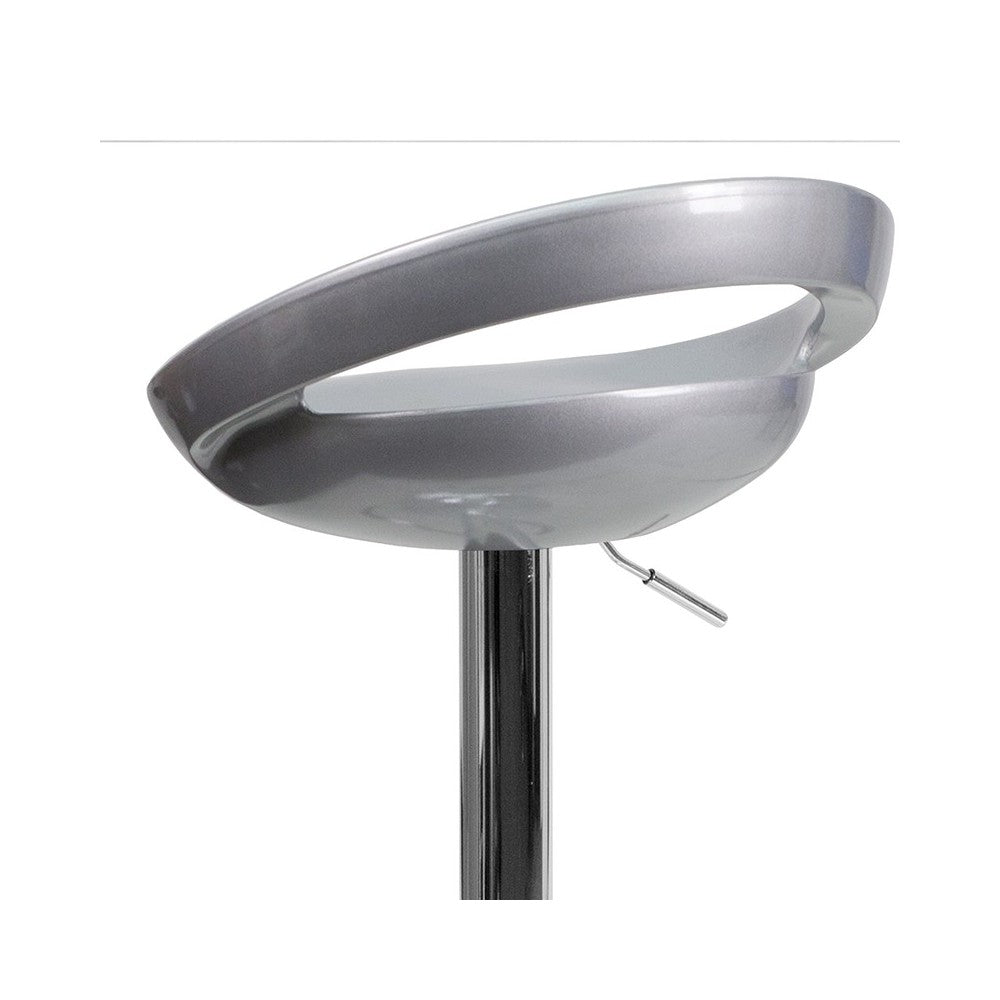 Contemporary Silver Plastic Adjustable Height Barstool with Rounded Cutout Back and Chrome Base