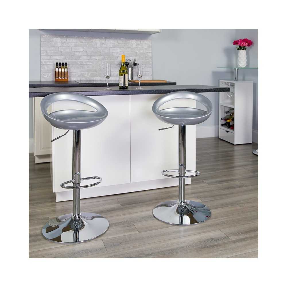 Contemporary Silver Plastic Adjustable Height Barstool with Rounded Cutout Back and Chrome Base