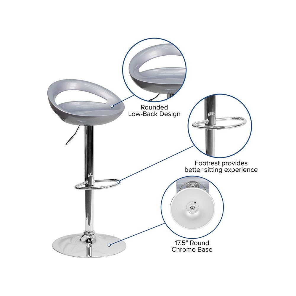 Contemporary Silver Plastic Adjustable Height Barstool with Rounded Cutout Back and Chrome Base
