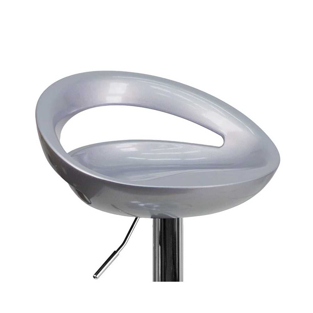 Contemporary Silver Plastic Adjustable Height Barstool with Rounded Cutout Back and Chrome Base