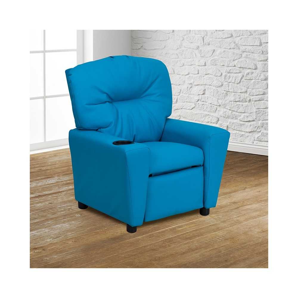 Contemporary Turquoise Vinyl Kids Recliner with Cup Holder