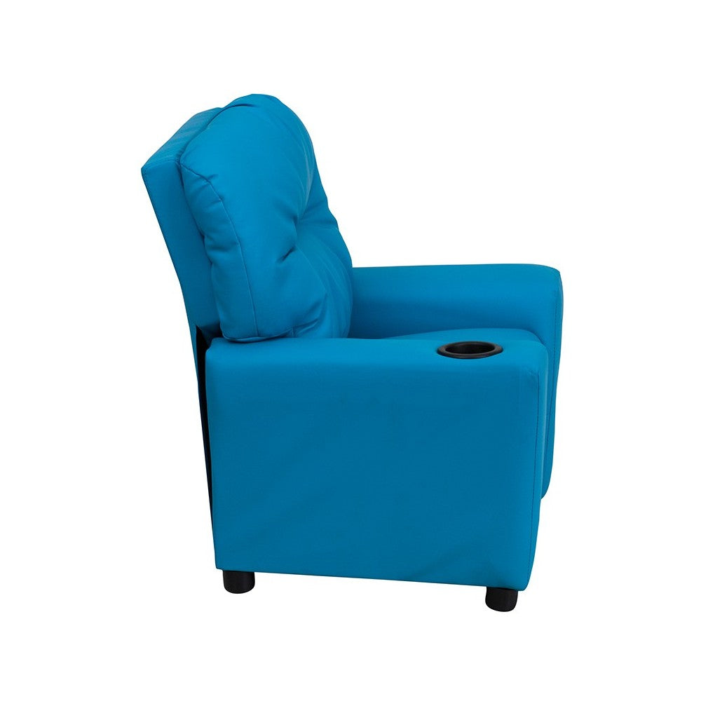 Contemporary Turquoise Vinyl Kids Recliner with Cup Holder