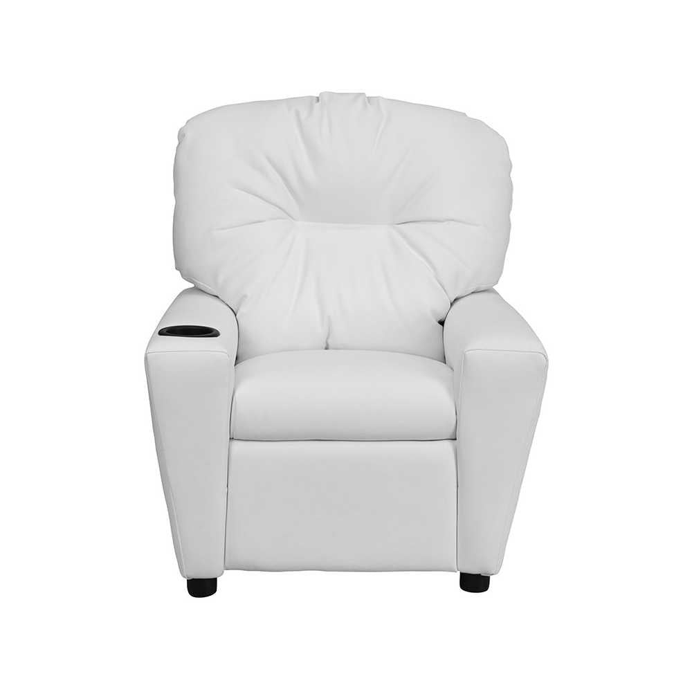 Contemporary White Vinyl Kids Recliner with Cup Holder