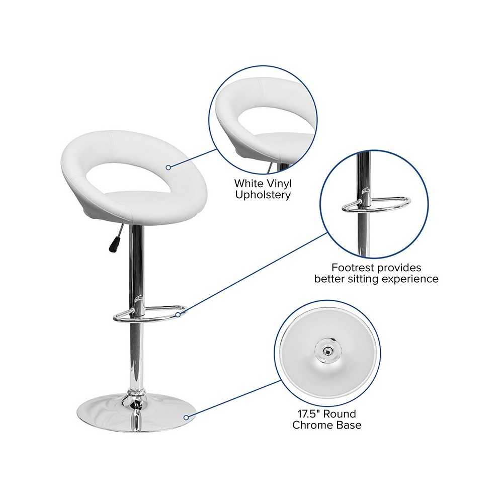 Contemporary White Vinyl Rounded Orbit-Style Back Adjustable Height Barstool with Chrome Base