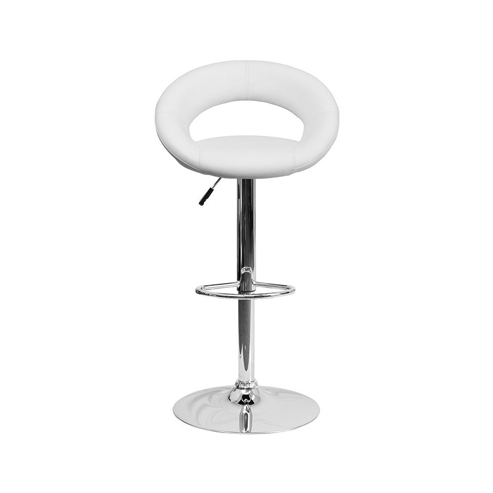 Contemporary White Vinyl Rounded Orbit-Style Back Adjustable Height Barstool with Chrome Base