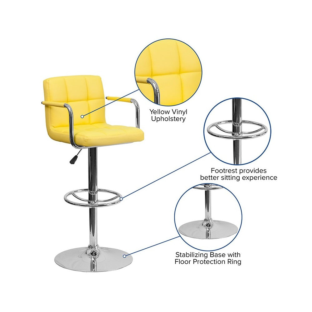 Contemporary Yellow Quilted Vinyl Adjustable Height Barstool with Arms and Chrome Base