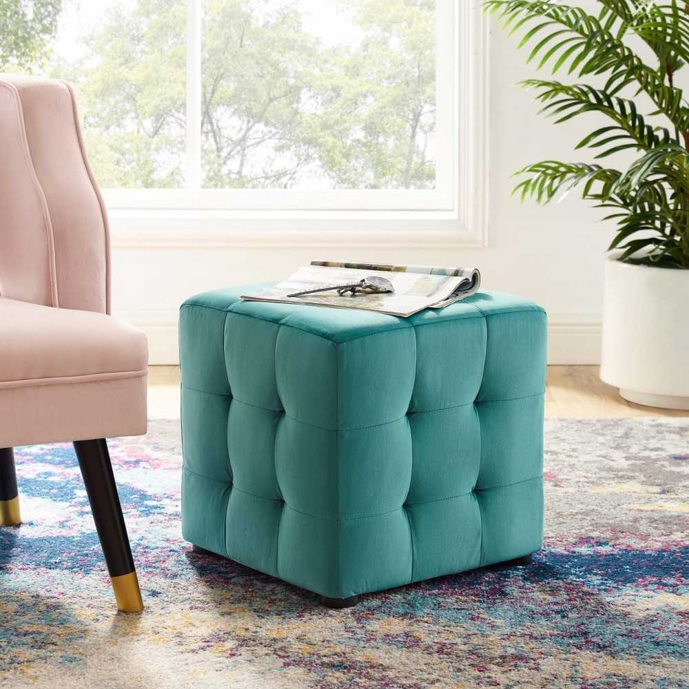 Contour Tufted Cube Performance Velvet Ottoman, Teal