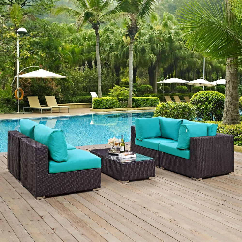 Convene 5 Piece Outdoor Patio Sectional Set, Espresso Turquoise, EEI-2163-EXP-TRQ-SET