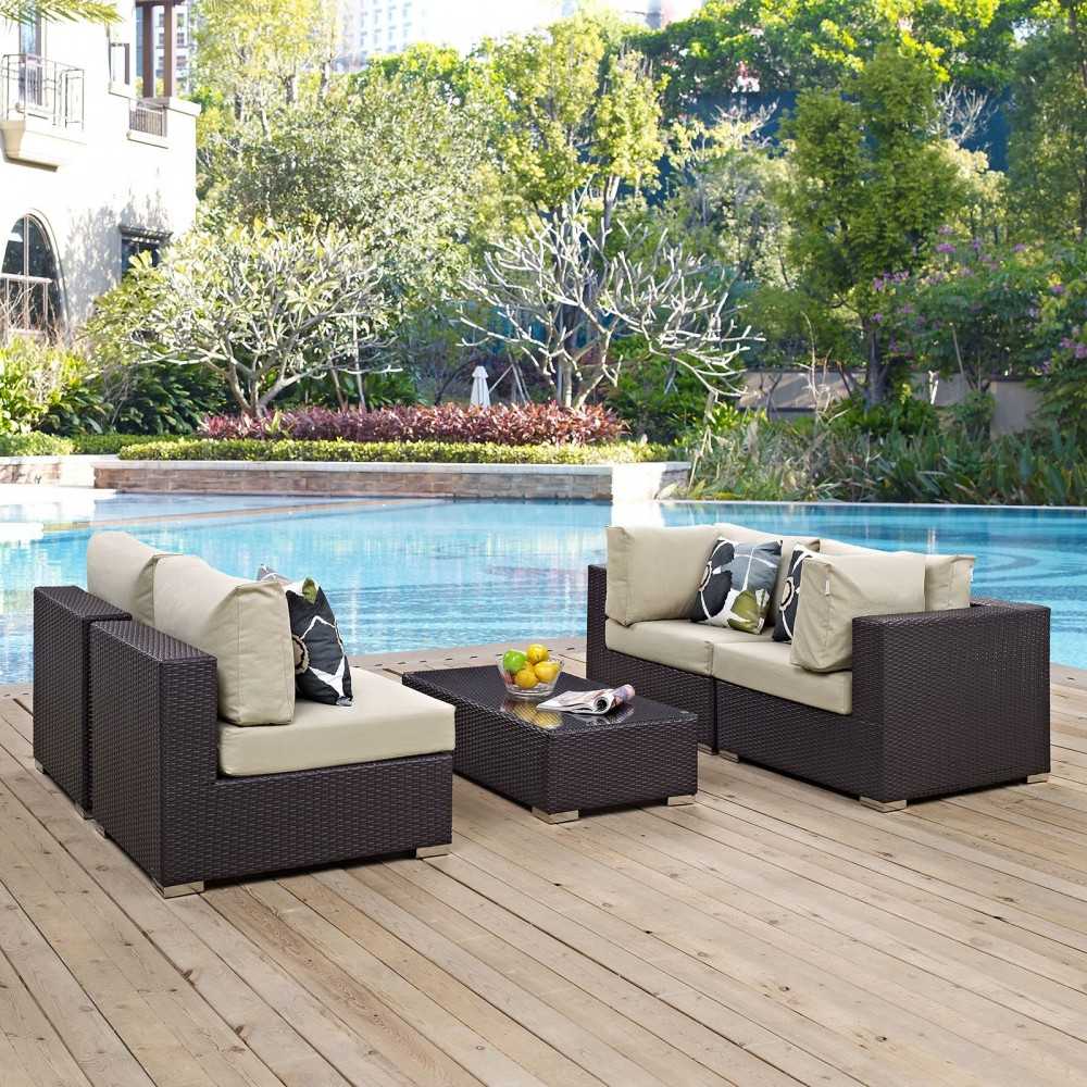 Convene 5 Piece Outdoor Patio Sectional Set, Espresso Beige, EEI-2356-EXP-BEI-SET