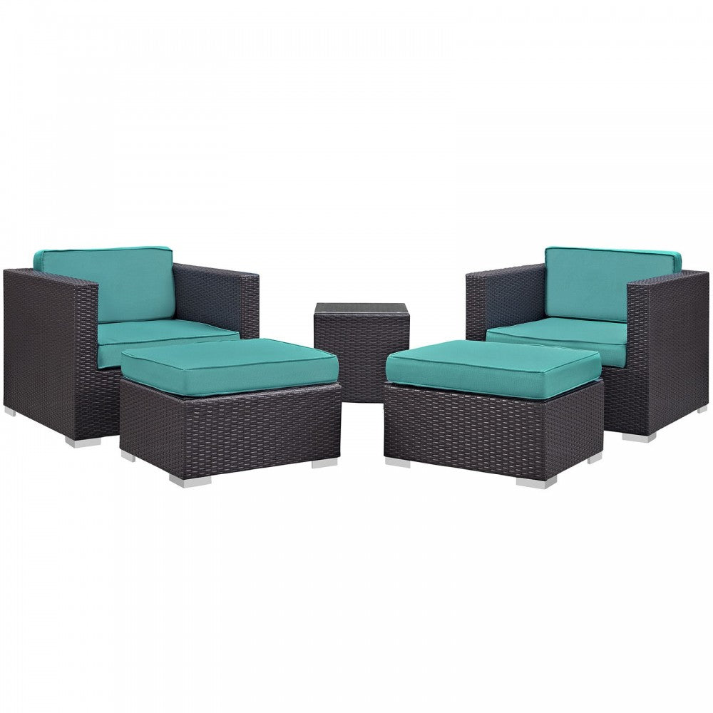 Convene 5 Piece Outdoor Patio Sectional Set, Espresso Turquoise, EEI-1809-EXP-TRQ-SET