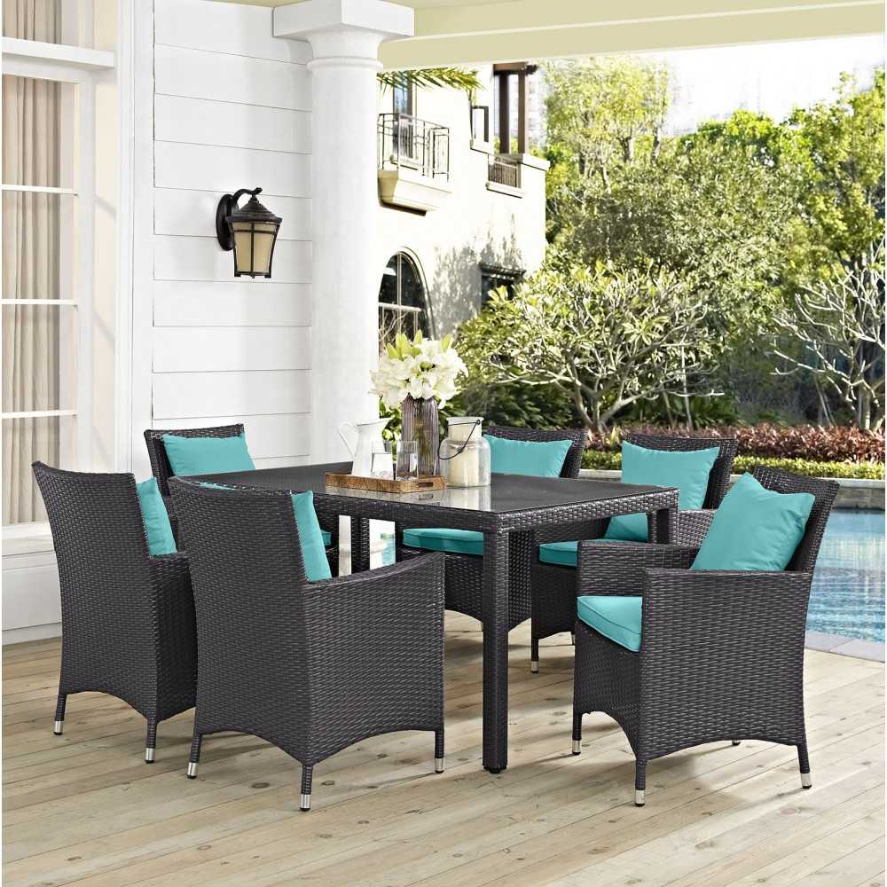 Convene 7 Piece Outdoor Patio Dining Set, Espresso Turquoise, EEI-2241-EXP-TRQ-SET