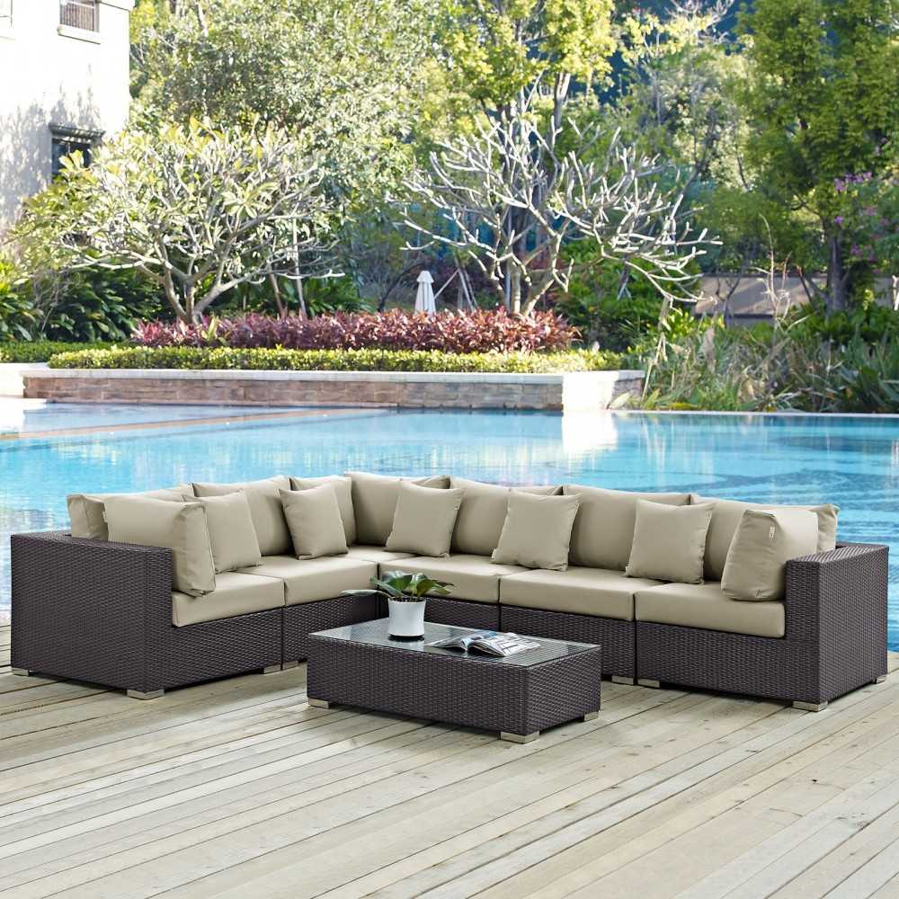 Convene 7 Piece Outdoor Patio Sectional Set, Espresso Beige, EEI-2168-EXP-BEI-SET