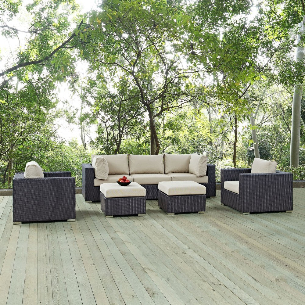 Convene 7 Piece Outdoor Patio Sectional Set, Espresso Beige, EEI-2200-EXP-BEI-SET