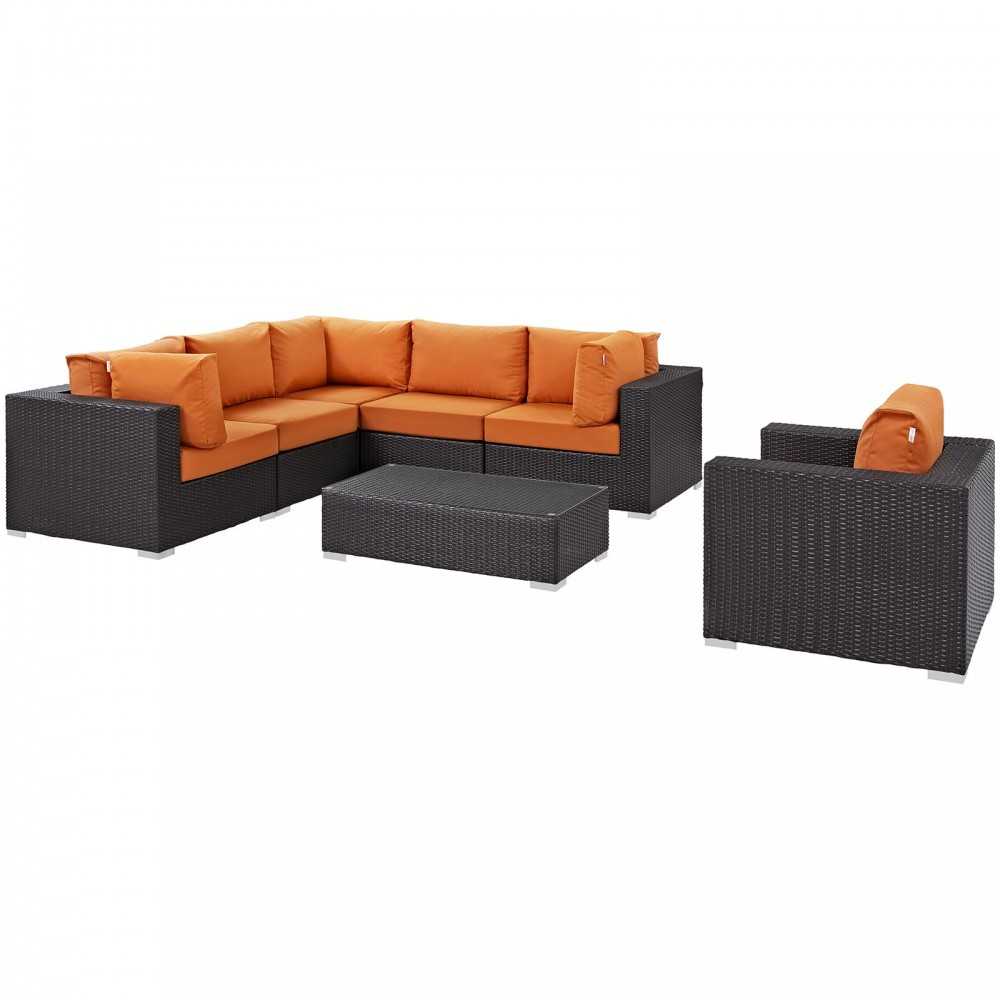 Convene 7 Piece Outdoor Patio Sectional Set, Espresso Orange, EEI-2157-EXP-ORA-SET
