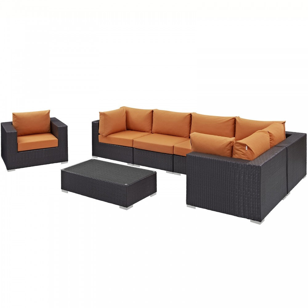 Convene 7 Piece Outdoor Patio Sectional Set, Espresso Orange, EEI-2157-EXP-ORA-SET