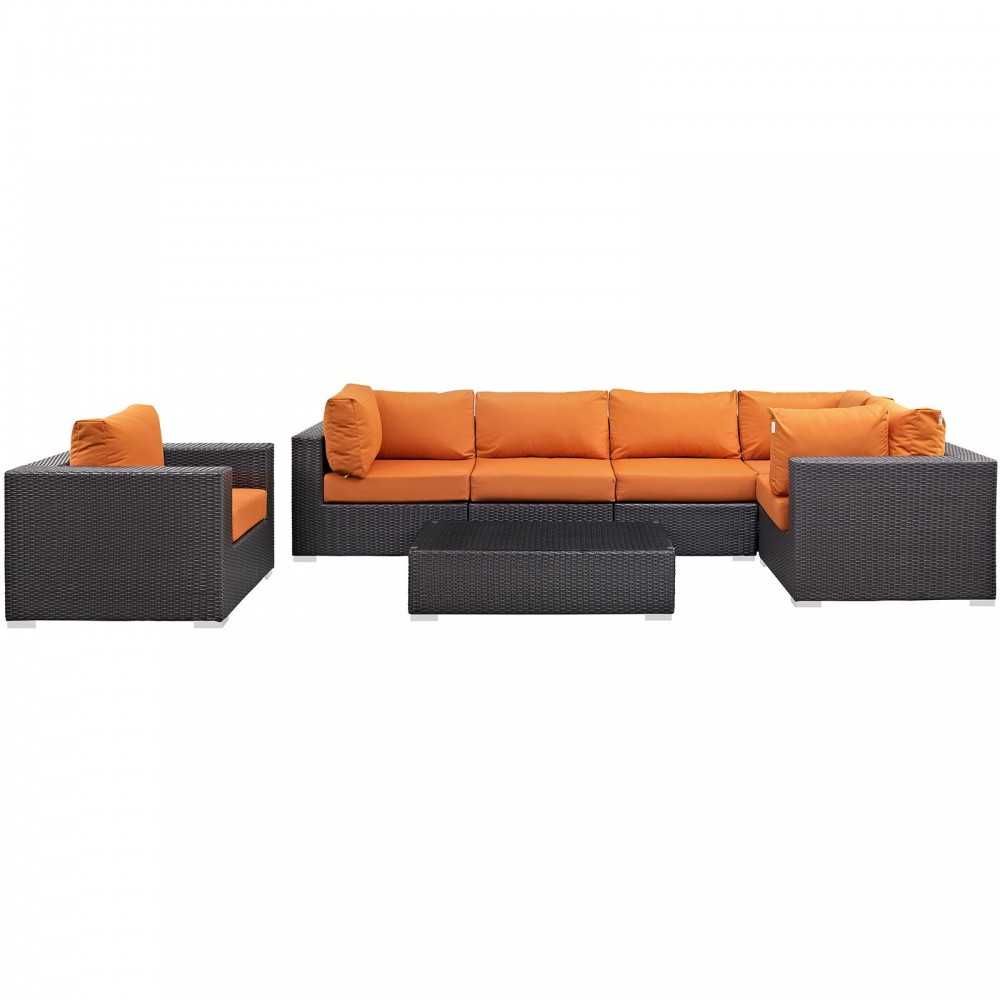 Convene 7 Piece Outdoor Patio Sectional Set, Espresso Orange, EEI-2157-EXP-ORA-SET