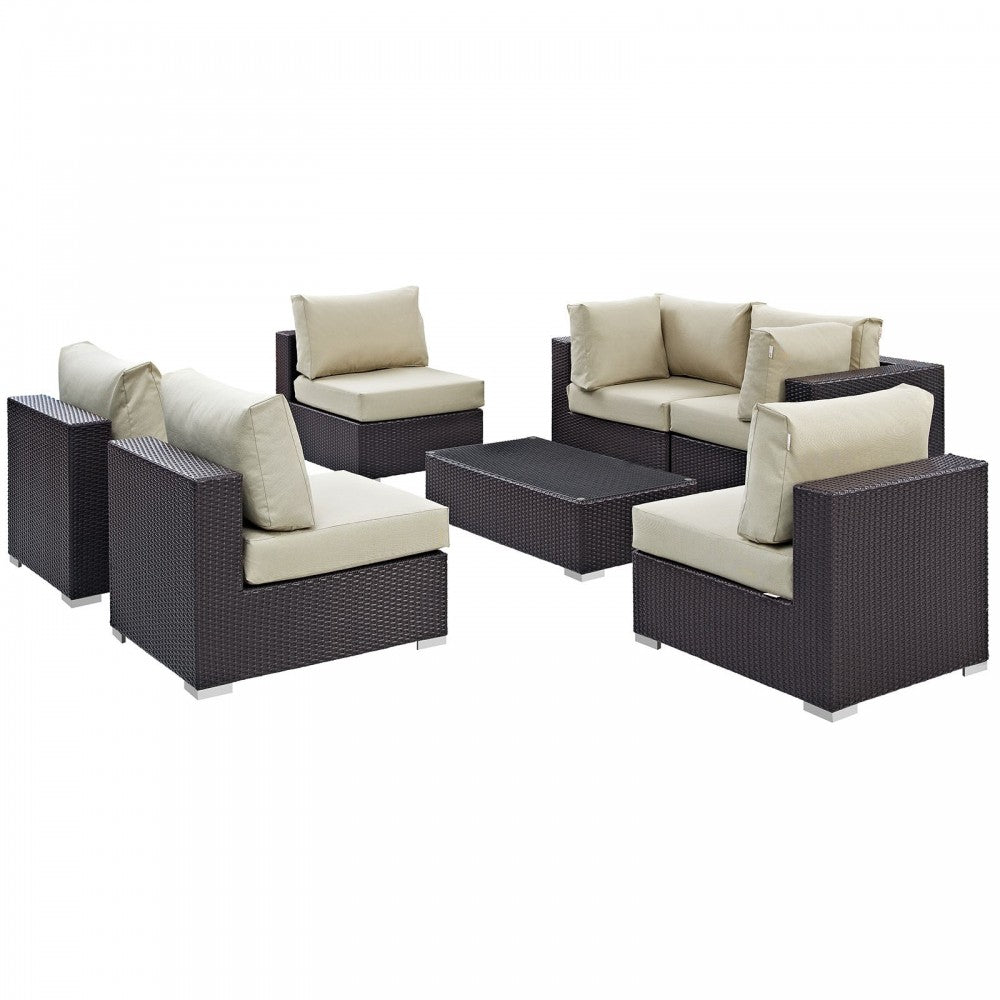 Convene 7 Piece Outdoor Patio Sectional Set, Espresso Beige, EEI-2164-EXP-BEI-SET