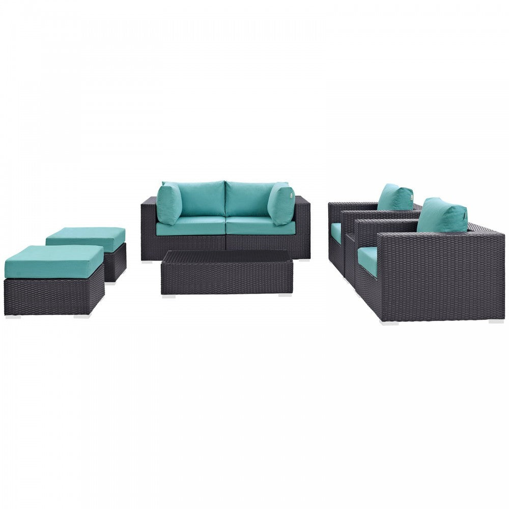Convene 8 Piece Outdoor Patio Sectional Set, Espresso Turquoise, EEI-2206-EXP-TRQ-SET