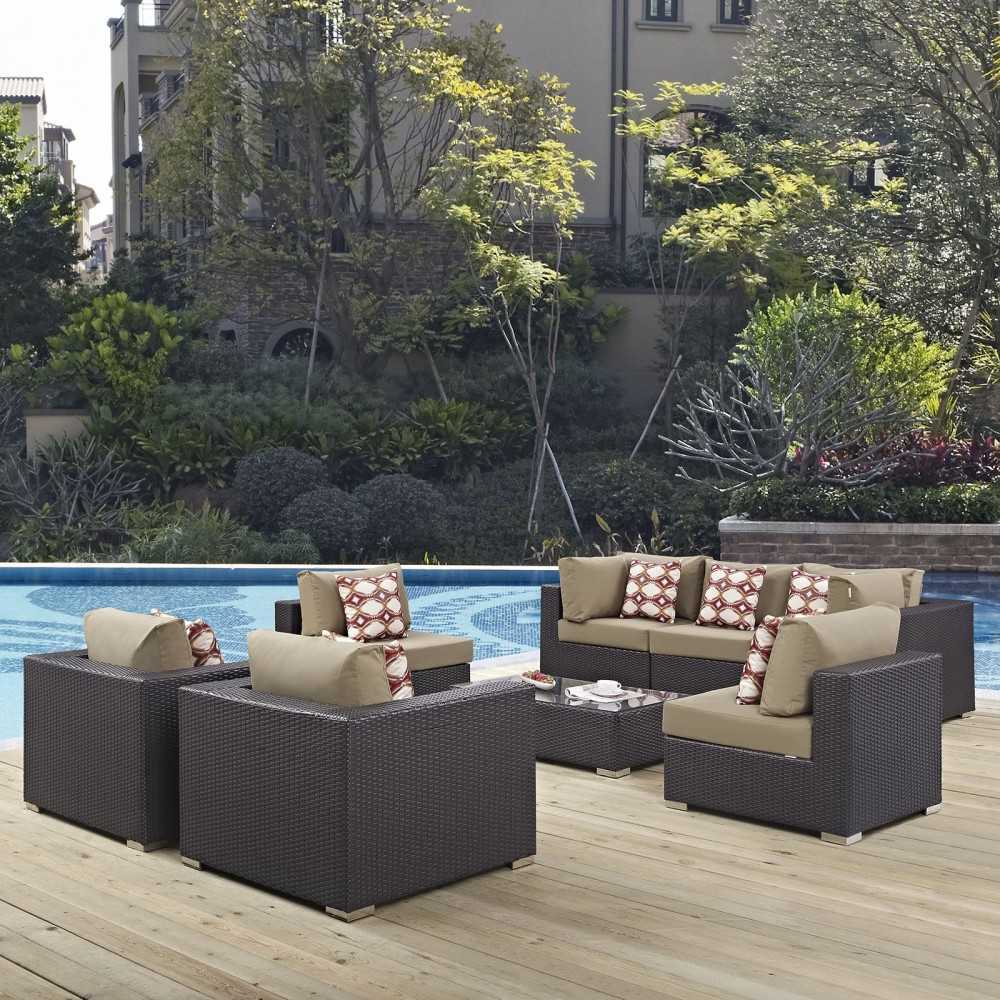 Convene 8 Piece Outdoor Patio Sectional Set, Espresso Mocha, EEI-2368-EXP-MOC-SET