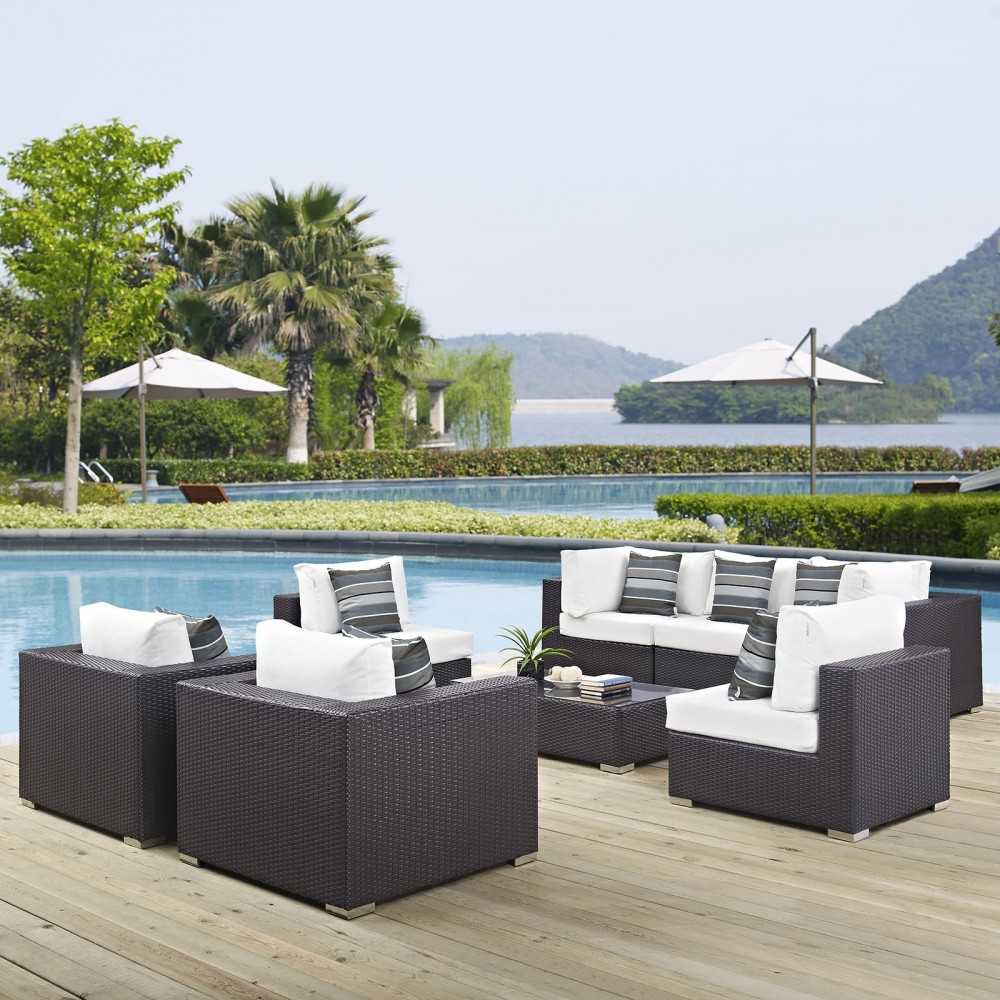 Convene 8 Piece Outdoor Patio Sectional Set, Espresso White, EEI-2368-EXP-WHI-SET