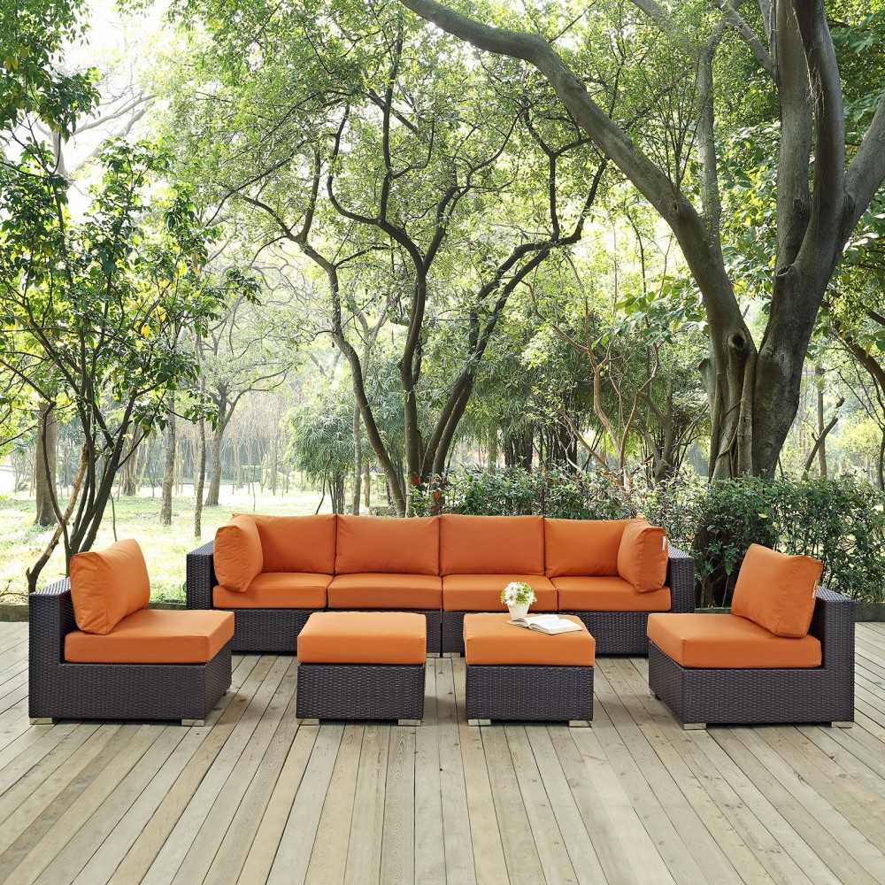 Convene 8 Piece Outdoor Patio Sectional Set, Espresso Orange, EEI-2204-EXP-ORA-SET