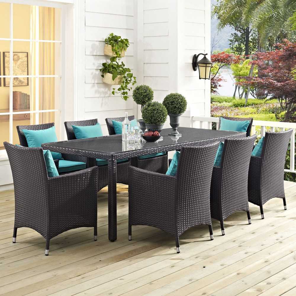 Convene 9 Piece Outdoor Patio Dining Set, Espresso Turquoise