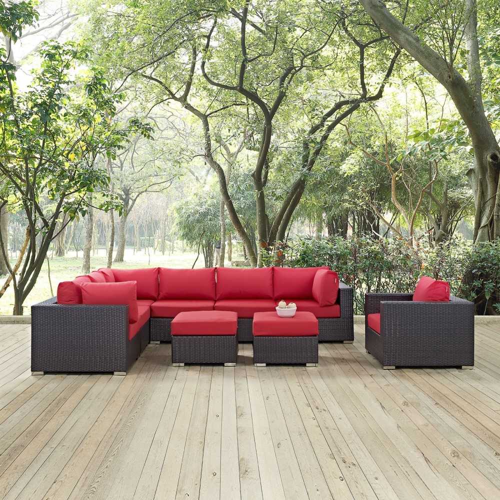 Convene 9 Piece Outdoor Patio Sectional Set, Espresso Red
