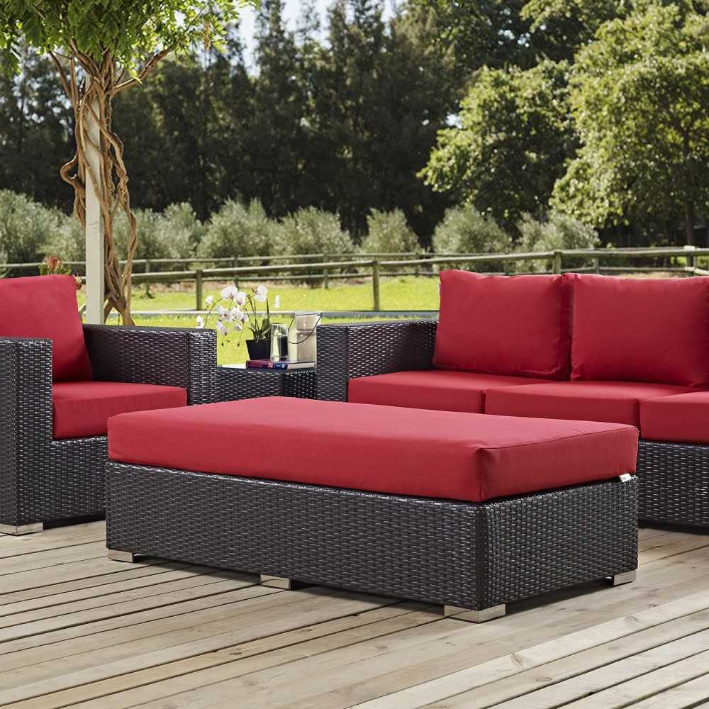 Convene Outdoor Patio Fabric Rectangle Ottoman, Espresso Red