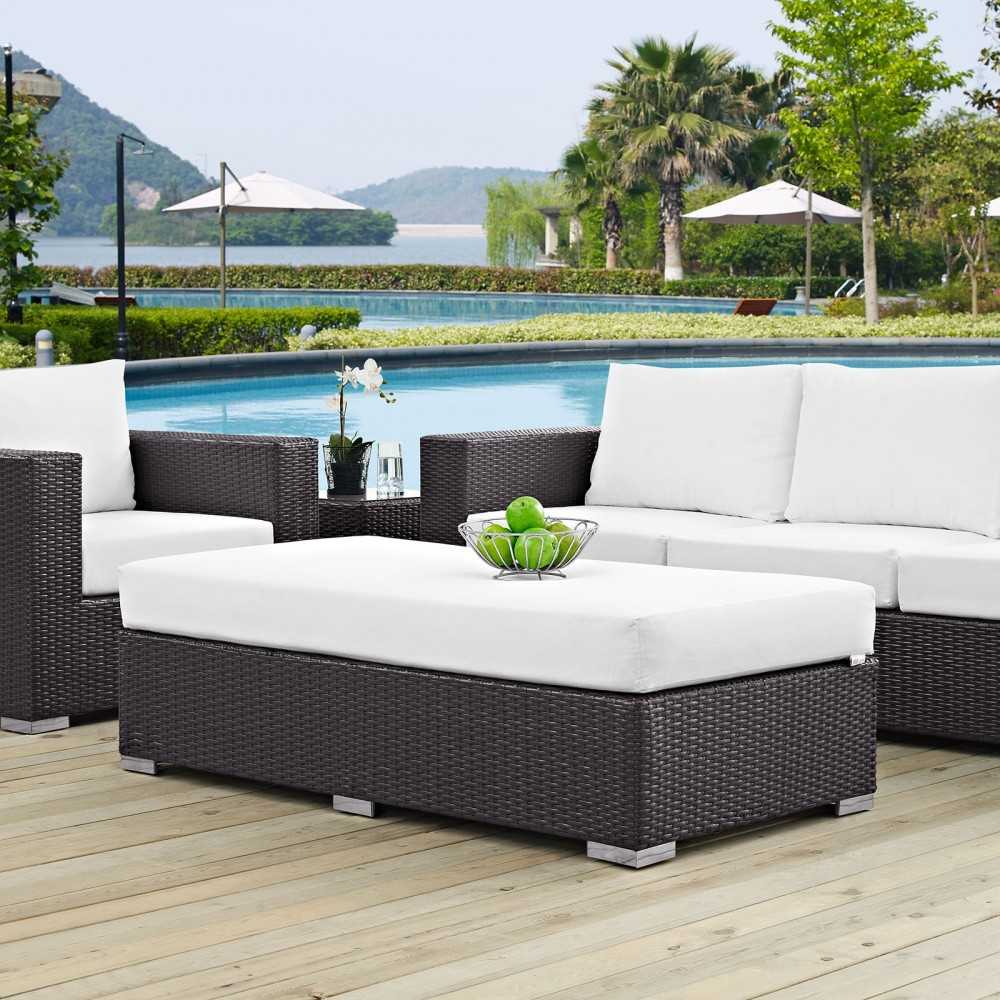 Convene Outdoor Patio Fabric Rectangle Ottoman, Espresso White