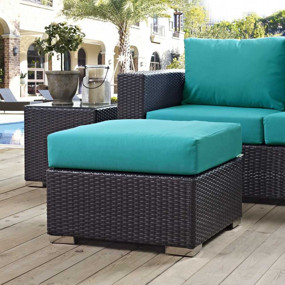Convene Outdoor Patio Fabric Square Ottoman, Espresso Turquoise