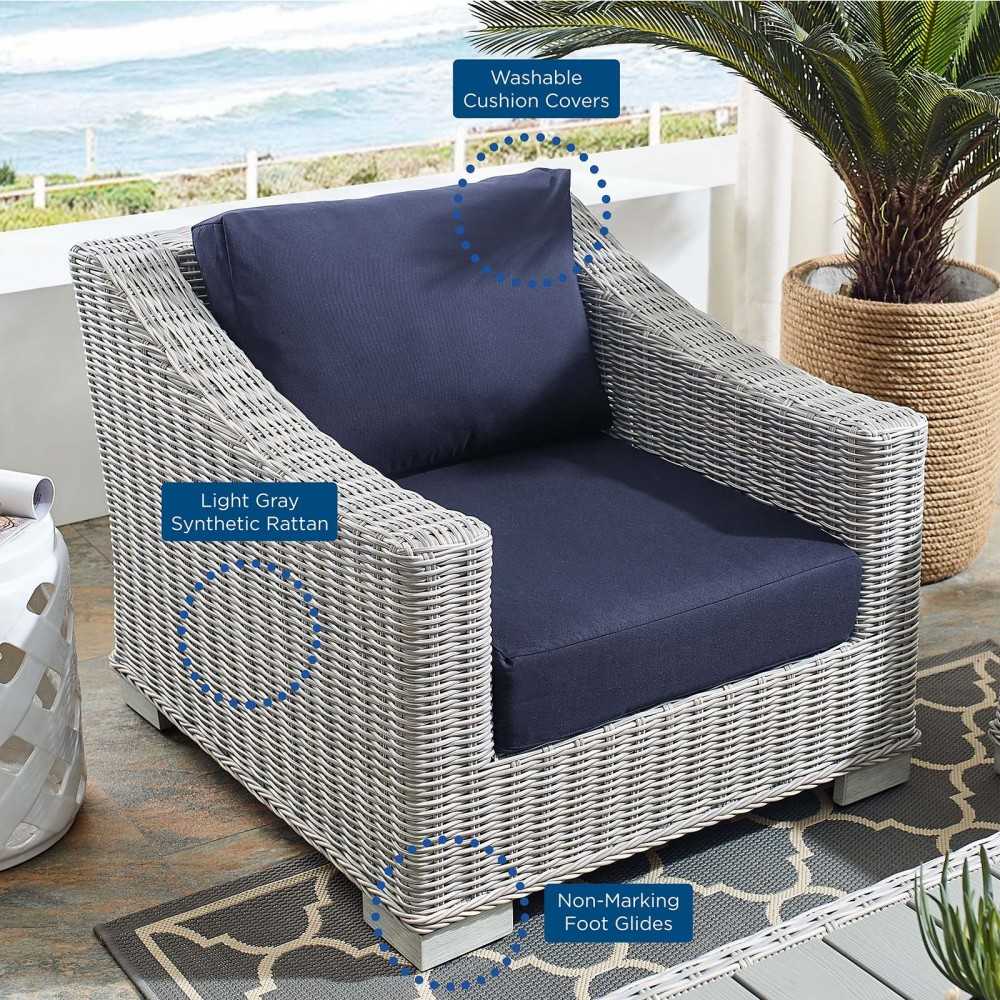 Conway Sunbrella Outdoor Patio Wicker Rattan Armchair, Light Gray Navy