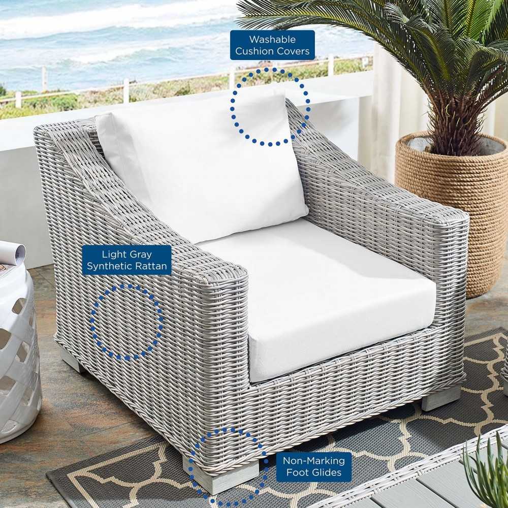 Conway Sunbrella Outdoor Patio Wicker Rattan Armchair, Light Gray White