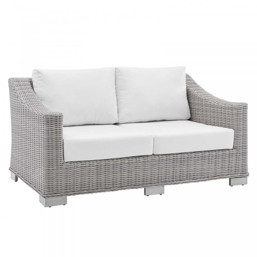 Conway Sunbrella Outdoor Patio Wicker Rattan Loveseat, Light Gray White