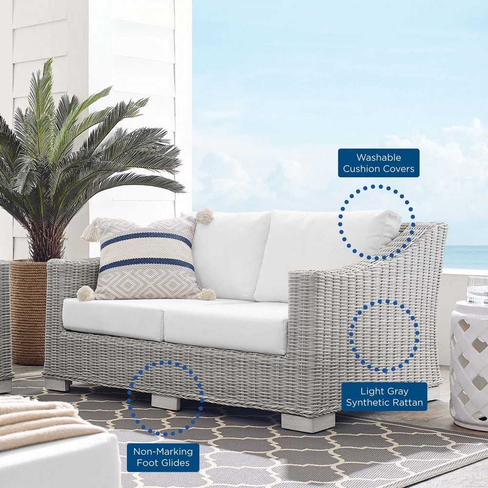 Conway Sunbrella Outdoor Patio Wicker Rattan Loveseat, Light Gray White