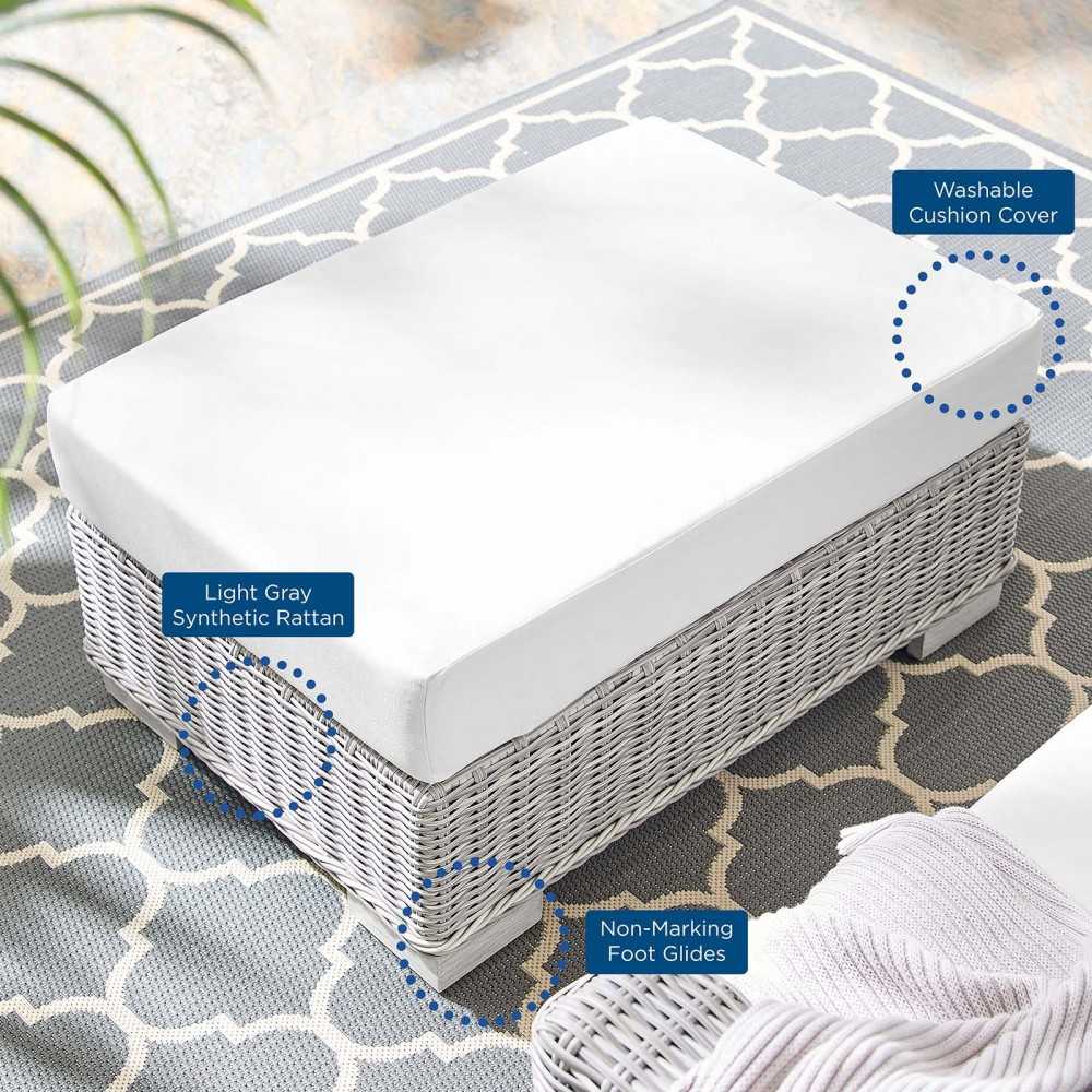 Conway Sunbrella Outdoor Patio Wicker Rattan Ottoman, Light Gray White