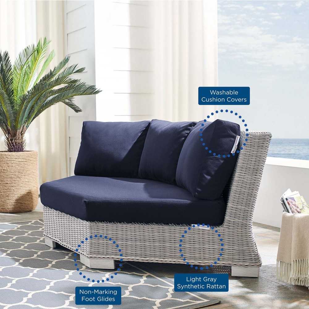 Conway Sunbrella Outdoor Patio Wicker Rattan Round Corner Chair, Light Gray Navy