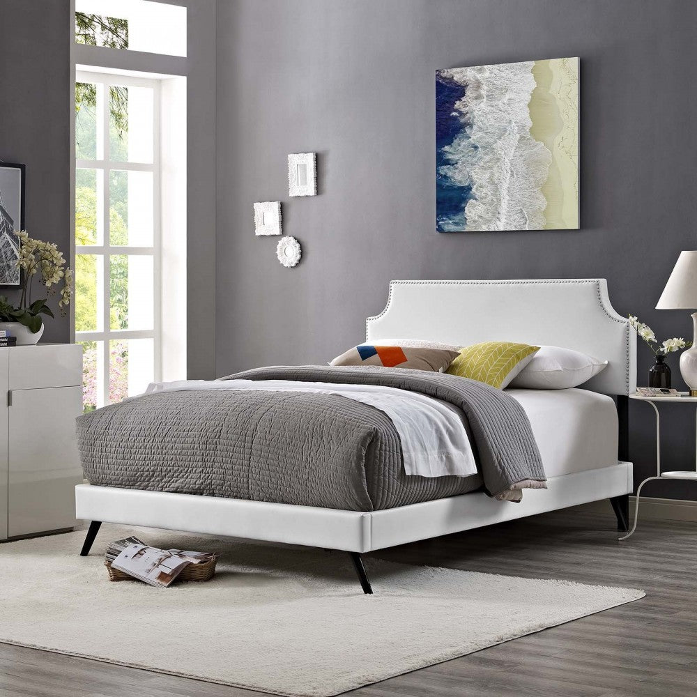 Corene Full Vinyl Platform Bed with Round Splayed Legs, White