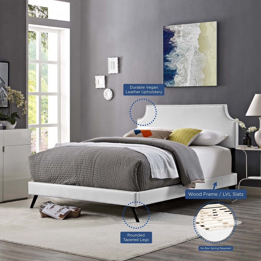 Corene Full Vinyl Platform Bed with Round Splayed Legs, White