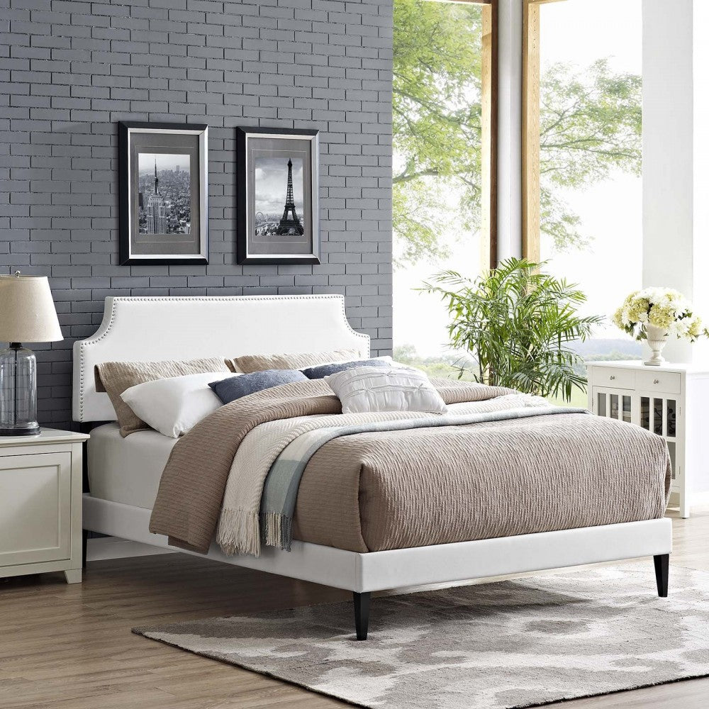 Corene King Vinyl Platform Bed with Squared Tapered Legs, White