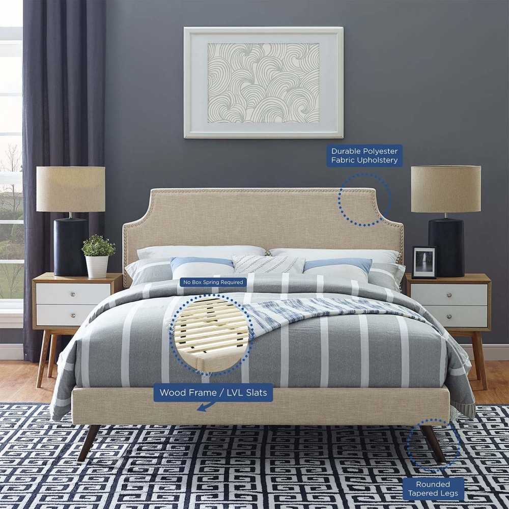 Corene Queen Fabric Platform Bed with Round Splayed Legs, Beige