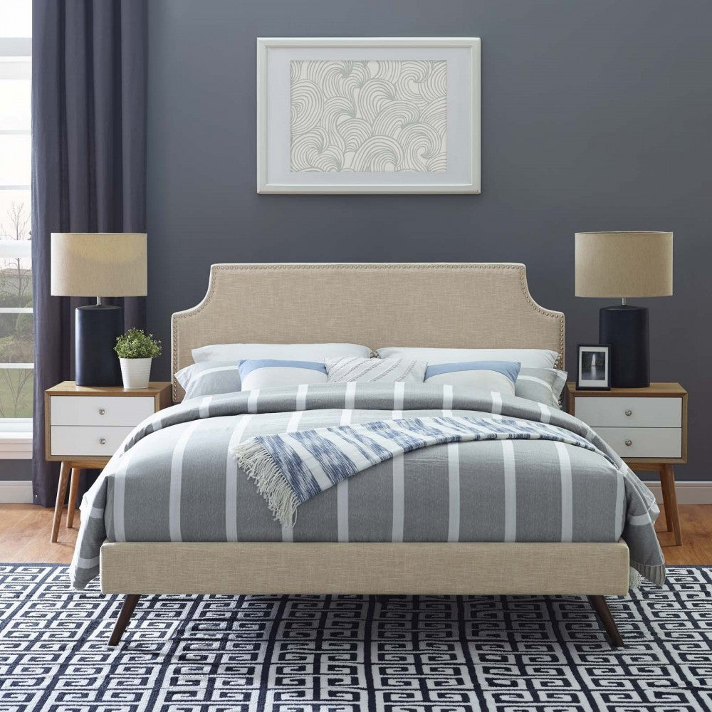 Corene Queen Fabric Platform Bed with Round Splayed Legs, Beige