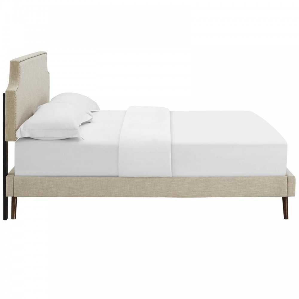 Corene Queen Fabric Platform Bed with Round Splayed Legs, Beige