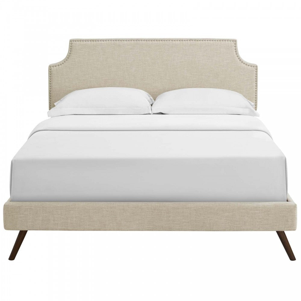 Corene Queen Fabric Platform Bed with Round Splayed Legs, Beige