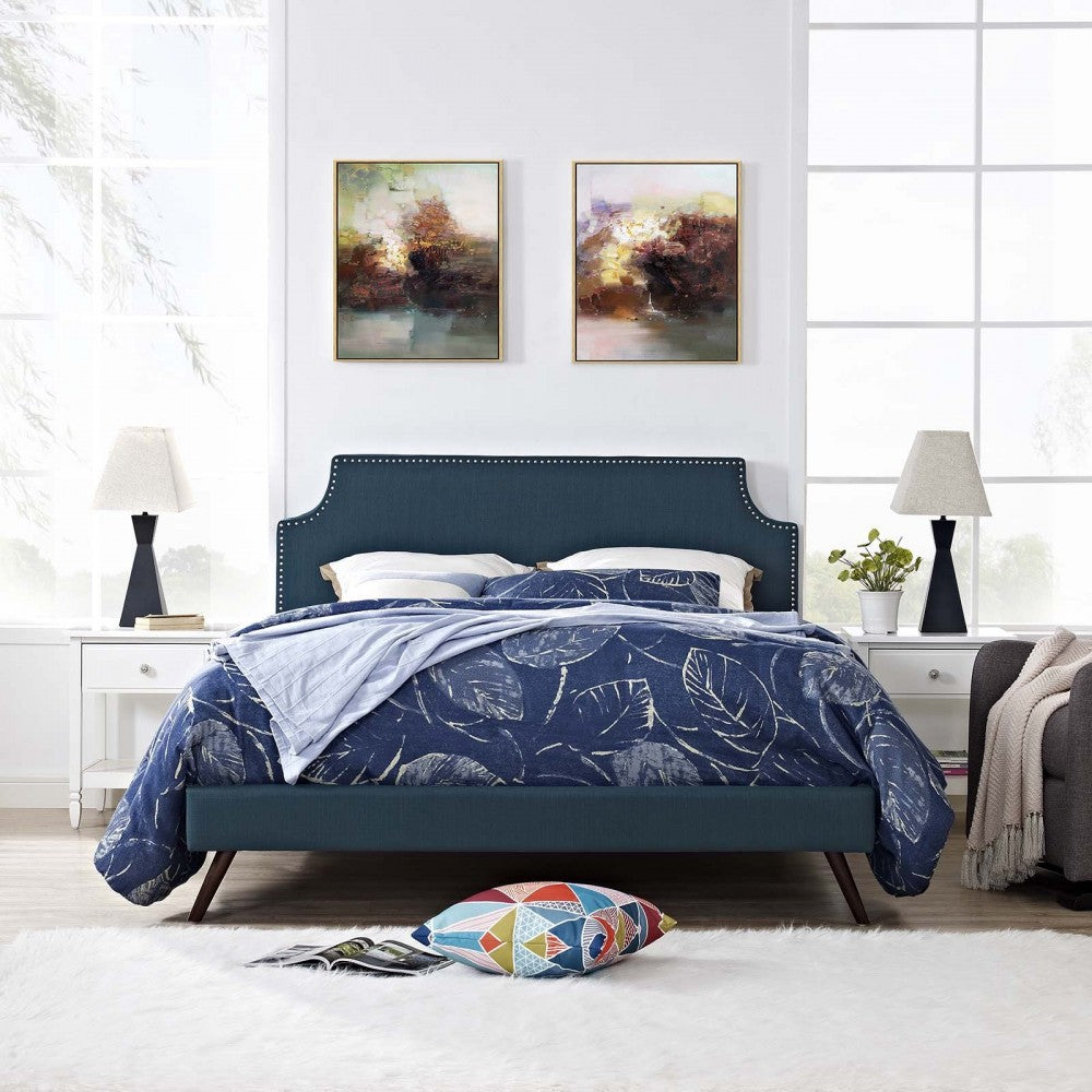 Corene Queen Fabric Platform Bed with Round Splayed Legs, Azure