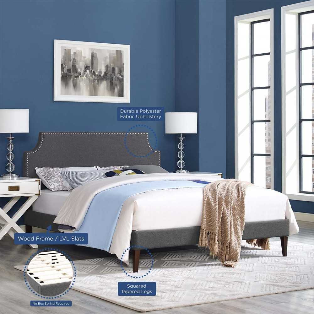 Corene Queen Fabric Platform Bed with Squared Tapered Legs, Gray