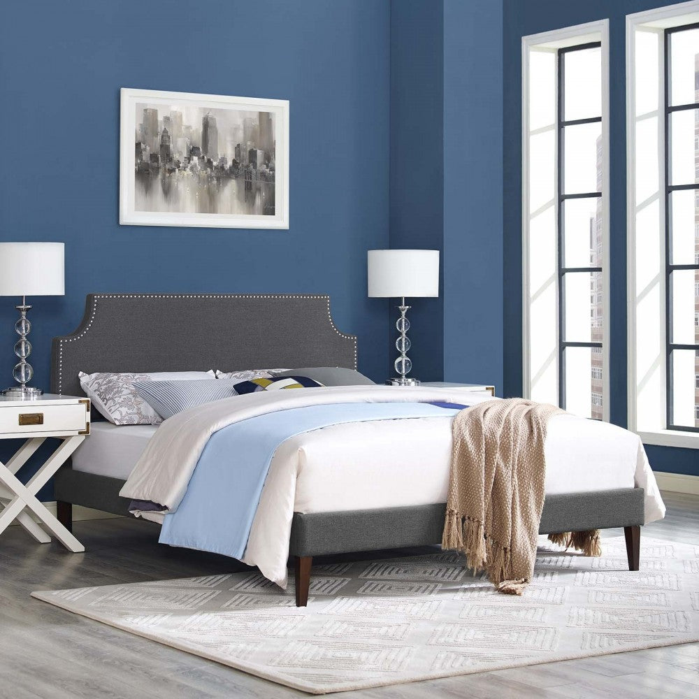 Corene Queen Fabric Platform Bed with Squared Tapered Legs, Gray