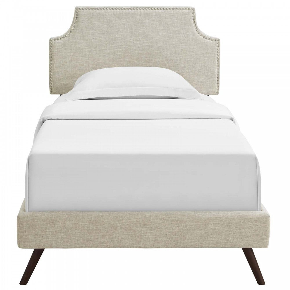 Corene Twin Fabric Platform Bed with Round Splayed Legs, Beige