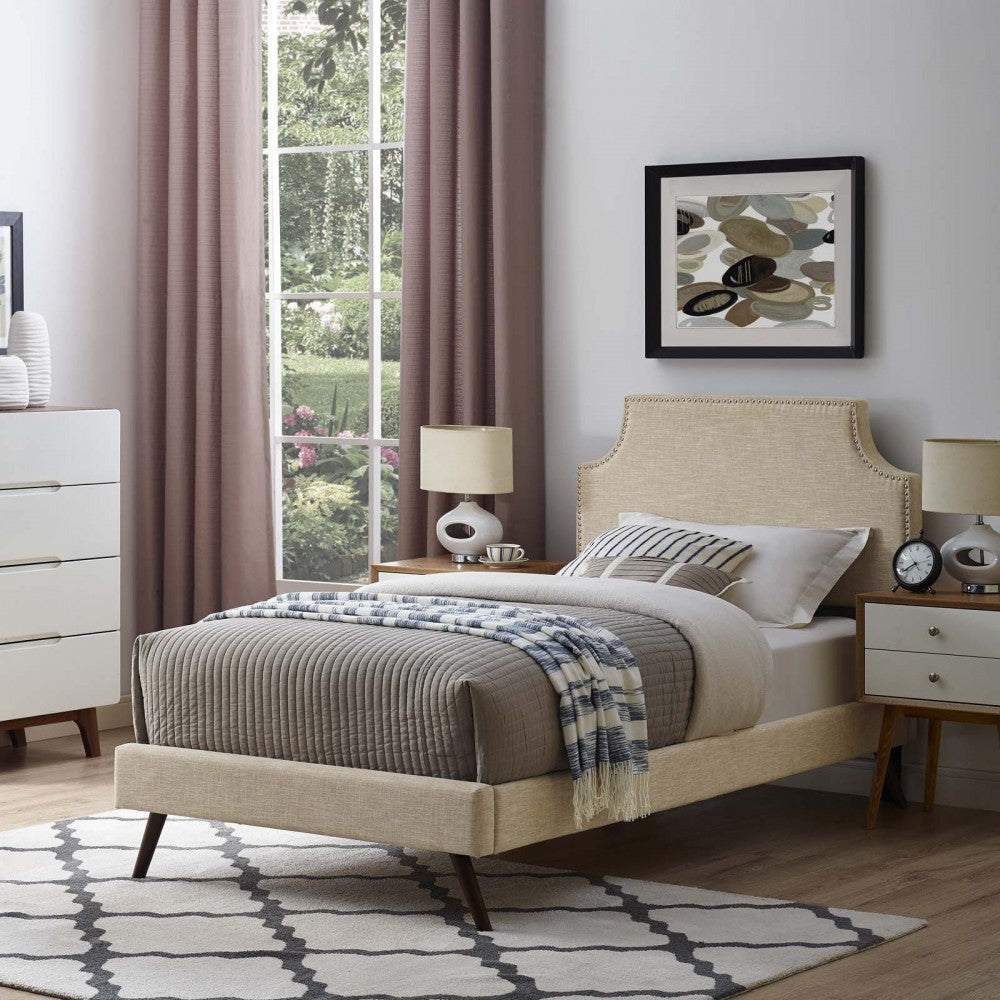 Corene Twin Fabric Platform Bed with Round Splayed Legs, Beige