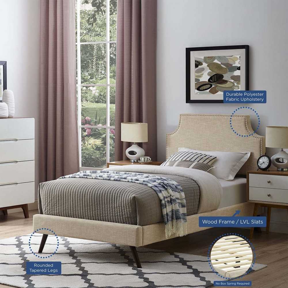 Corene Twin Fabric Platform Bed with Round Splayed Legs, Beige